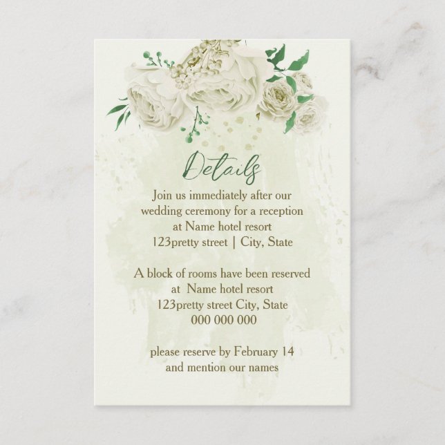 Ivory white flowers greenery wedding details enclosure card (Front)
