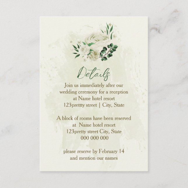 Ivory white flowers greenery wedding details enclosure card (Front)