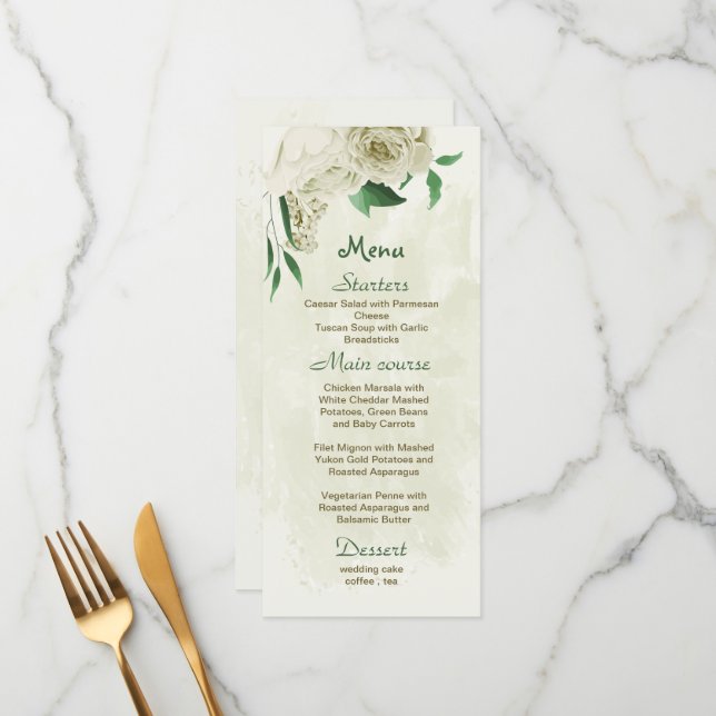 Ivory white flowers greenery wedding menu (Front/Back In Situ)