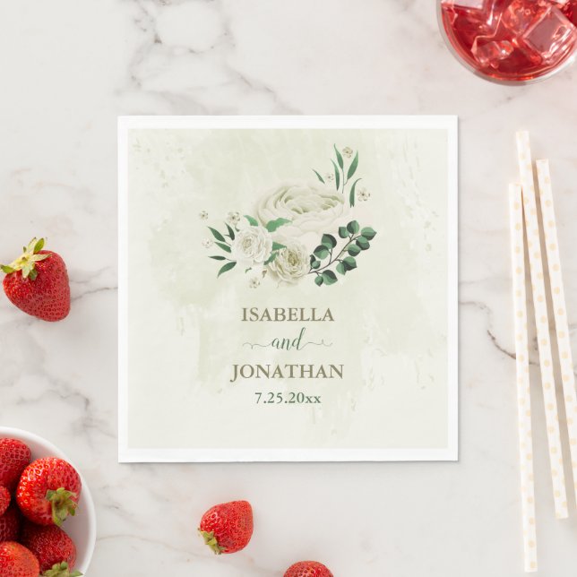 Ivory white flowers greenery wedding napkin (Insitu)