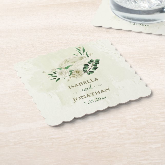 Ivory white flowers greenery wedding paper coaster (Angled)