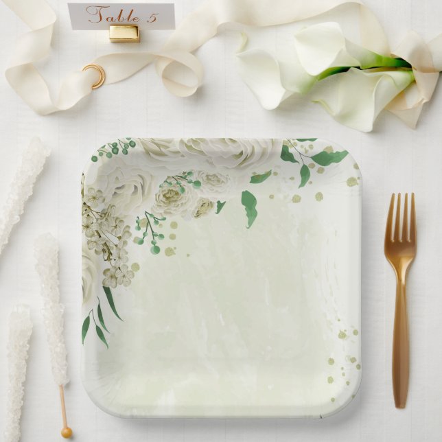 Ivory white flowers greenery wedding paper plate (Wedding)
