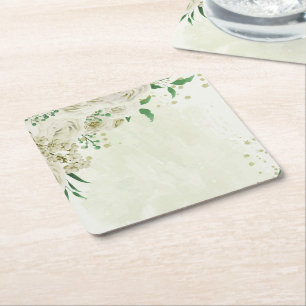 Ivory white flowers greenery wedding square paper coaster