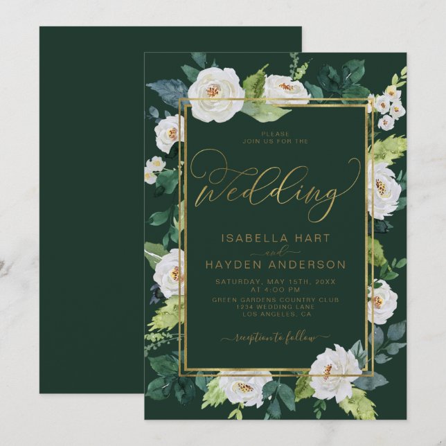 Ivory White Gold Elegan Floral Emerald Wedding Invitation (Front/Back)