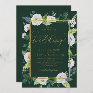 Ivory White Gold Elegan Floral Emerald Wedding Invitation