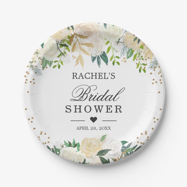 Ivory White Green Floral Bridal Shower Paper Plate (Front)
