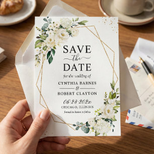 Ivory White Green Floral Modern Gold Geometric Save The Date