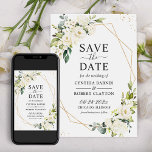 Ivory White Green Floral Modern Gold Geometric Save The Date<br><div class="desc">This Ivory Green Floral Geometric Save The Date Card is perfect for couples who want to combine modern style with a touch of nature. The gold geometric design adds a touch of elegance and sophistication, while the green floral elements bring a natural and organic feel. With Zazzle's design tool, you...</div>