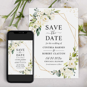 Ivory White Green Floral Modern Gold Geometric Save The Date