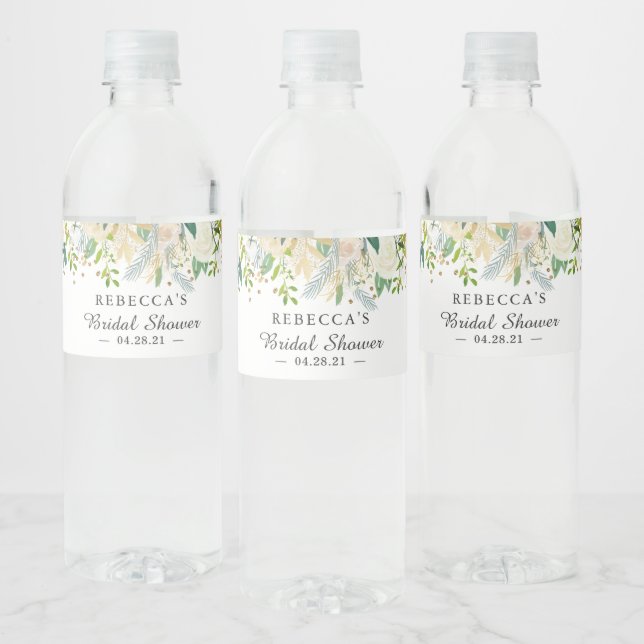Ivory White Green Gold Floral Bridal Shower Water Bottle Label (Bottles)