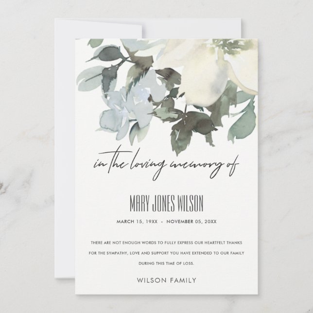 IVORY WHITE GREEN GREY FLORAL SYMPATHY MEMORIAL THANK YOU CARD (Front)