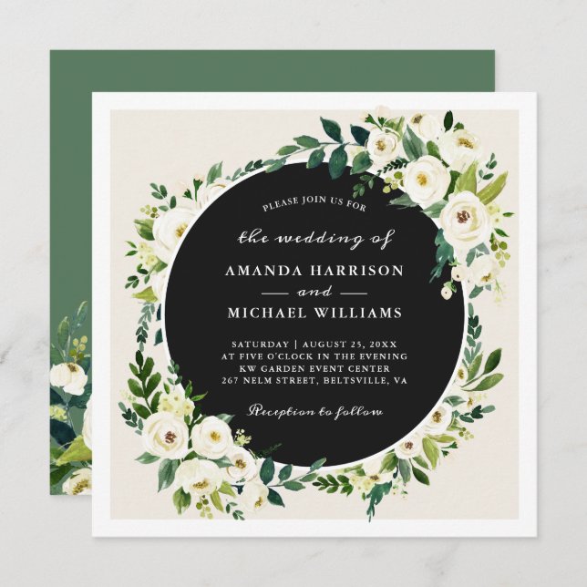 Ivory White Greenery Floral Square Wedding Invitation (Front/Back)
