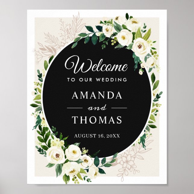 Ivory White Greenery Flowers Wedding Welcome Sign (Front)