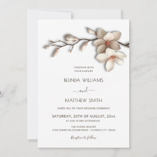 Ivory White Magnolia Textural Flower Wedding Invitation