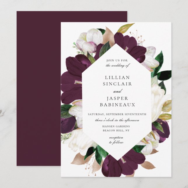 Ivory White Plum Purple Floral Frame Wedding Invitation (Front/Back)