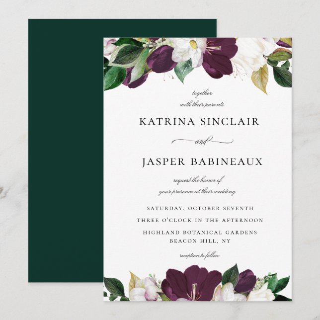 Ivory white Plum Purple Floral Wedding Invitation (Front/Back)
