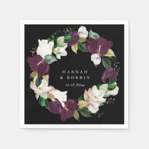 Ivory White Plum Purple Floral Wreath Black Napkin