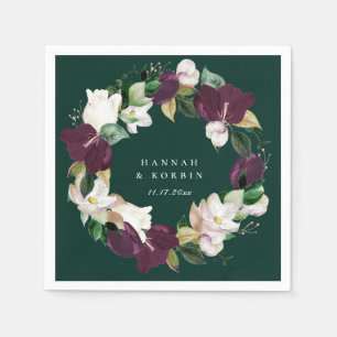 Ivory White Plum Purple Floral Wreath Emerald Napkin