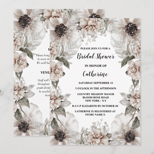 Ivory white poppy rose flower elegant floral frame invitation (Front/Back)