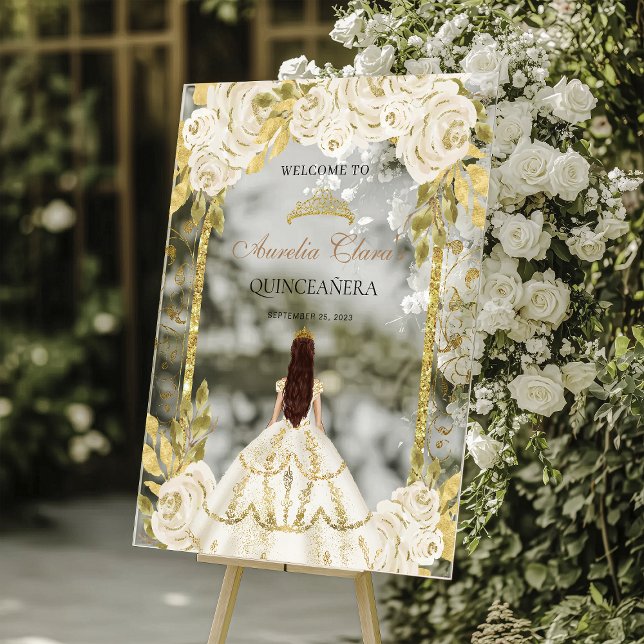 Ivory White Princess Floral Quinceanera Birthday Acrylic Sign (Creator Uploaded)