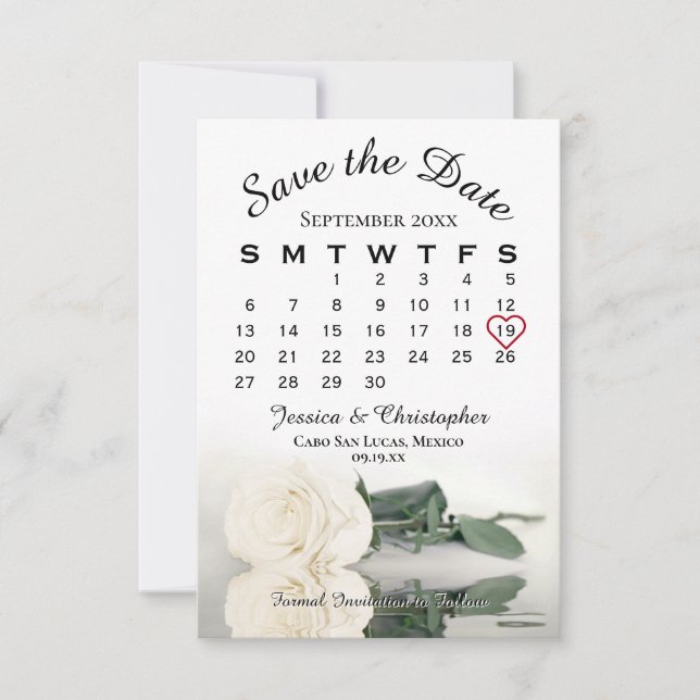 Ivory White Rose Elegant Wedding Calendar Save The Date (Front)