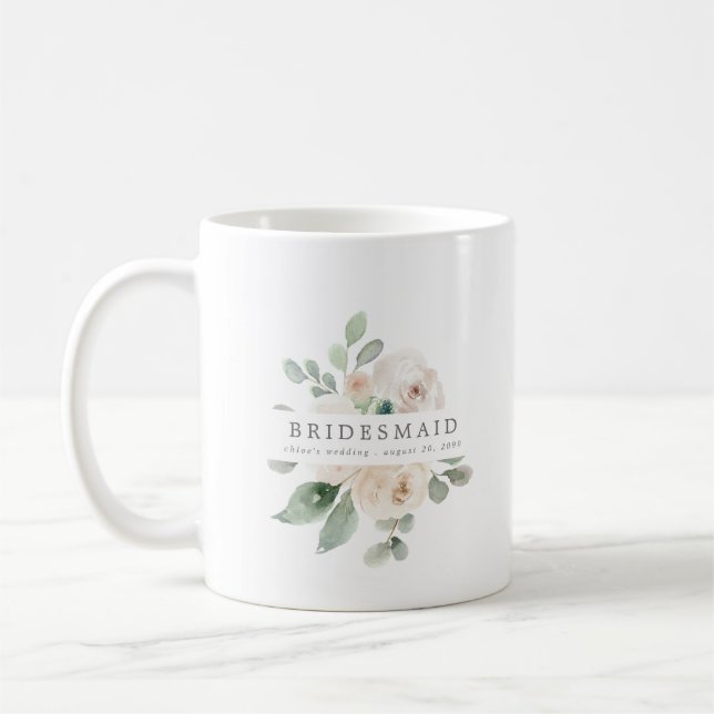 Ivory White Rose Floral Bridesmaid Coffee Mug (Left)