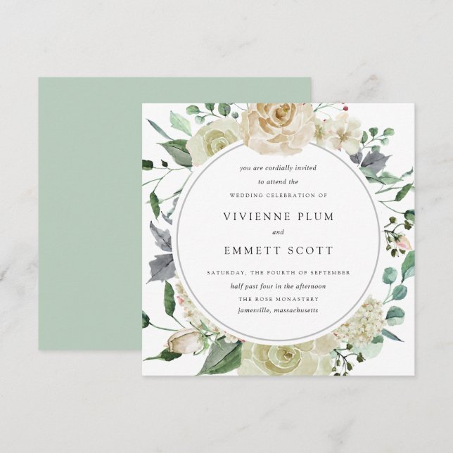 Ivory White Rose Hydrangea Floral Wedding Invitation (Front/Back)