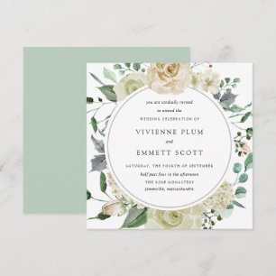 Ivory White Rose Hydrangea Floral Wedding Invitation