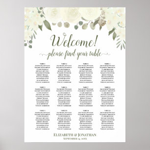 Ivory White Roses 12 Table Wedding Seating Chart