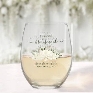 Ivory White Roses Bridesmaid Maid of Honour Gift Stemless Wine Glass