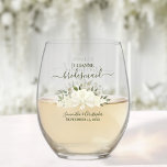 Ivory White Roses Bridesmaid Maid of Honour Gift Stemless Wine Glass<br><div class="desc">This set is the perfect choice for thanking the bridesmaids and maid of honour at your wedding. The beautiful boho chic design features a bouquet of hand painted watercolor roses and blossoms, eucalyptus sprigs, and garden greenery in shades of ivory, white, and cream. Her name & title appears in elegant...</div>