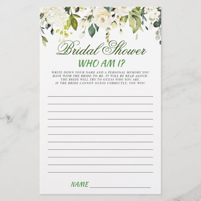 Ivory White Roses Floral Bridal Shower Game (Front)