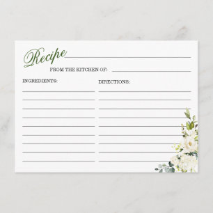 Ivory White Roses Floral Bridal Shower Recipe Card