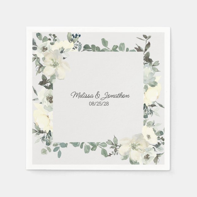Ivory White Roses Floral Romantic Wedding Napkin (Front)