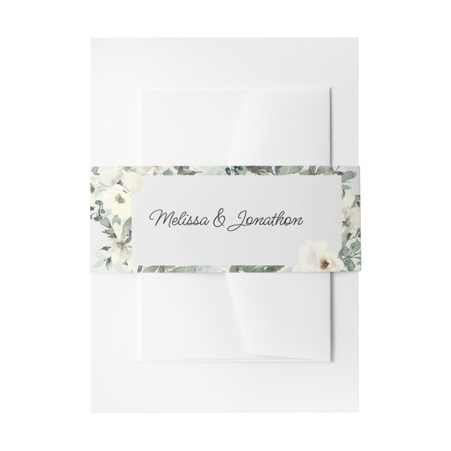 Ivory White Roses Floral Wedding Invitation Belly Band (Front Example)