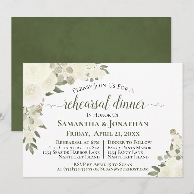 Ivory White Roses Floral Wedding Rehearsal Dinner Invitation (Front/Back)