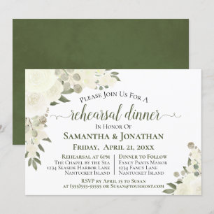 Ivory White Roses Floral Wedding Rehearsal Dinner Invitation