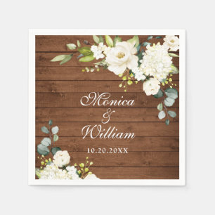 Ivory White Roses Greenery Rustic Wood Wedding Napkin