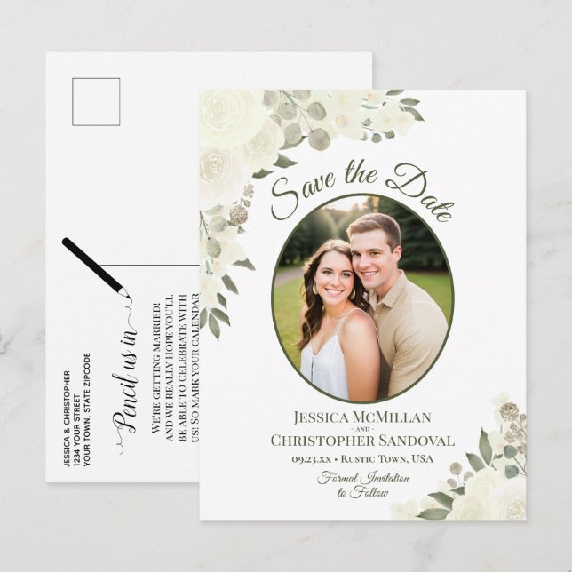 Ivory White Roses Oval Photo Wedding Save the Date Announcement Postcard (Front/Back)