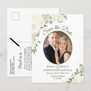 Ivory White Roses Oval Photo Wedding Save the Date Announcement Postcard