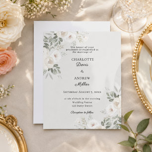 Ivory white roses sage green wedding invitation