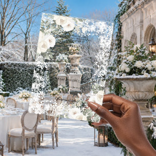 Ivory white roses sage snow winter luxury wedding acrylic invitations