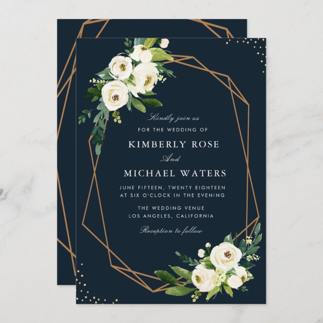 Ivory white watercolor floral geometric wedding invitation (Front/Back)
