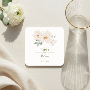 Ivory White Watercolor Floral Wedding Square Paper Coaster