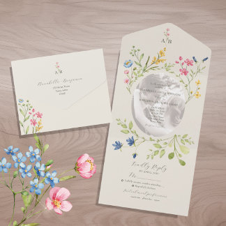 Ivory Wildflower Floral Photo Wedding All In One Invitation