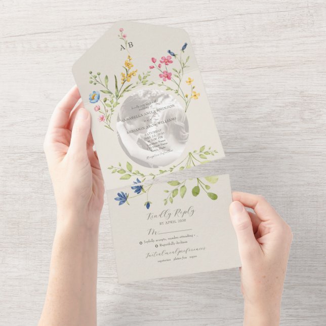 Ivory Wildflower Photo Wedding All In One Invitation (Tearaway)