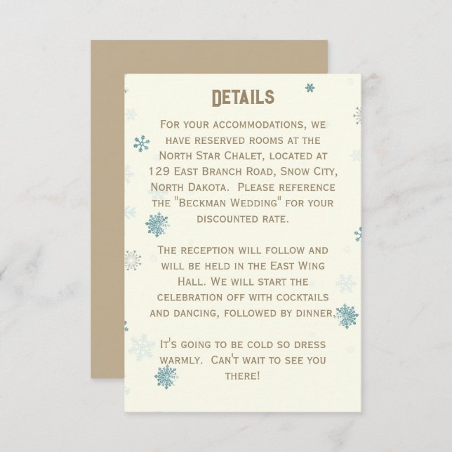 Ivory Winter Wonderland Snowflake Wedding Details Enclosure Card (Front/Back)