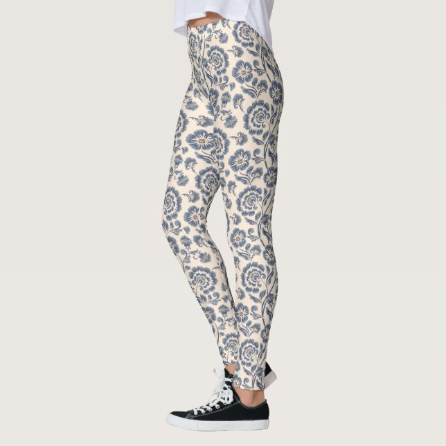 Ivory with Blue Floral Design Pattern Leggings (Left)