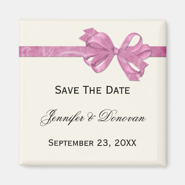 Ivory with Pink Ribbon Bow Save The Date Magnet (Front)
