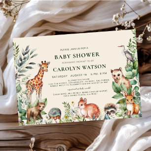 Ivory Woodland Cute Animals Eucalyptus Baby Shower Invitation
